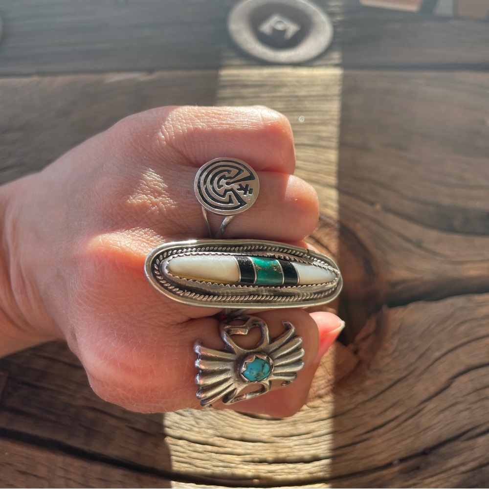 Native American Sterling Silver ring. Mother of Pearl, Jet, Turquoise Inlay.